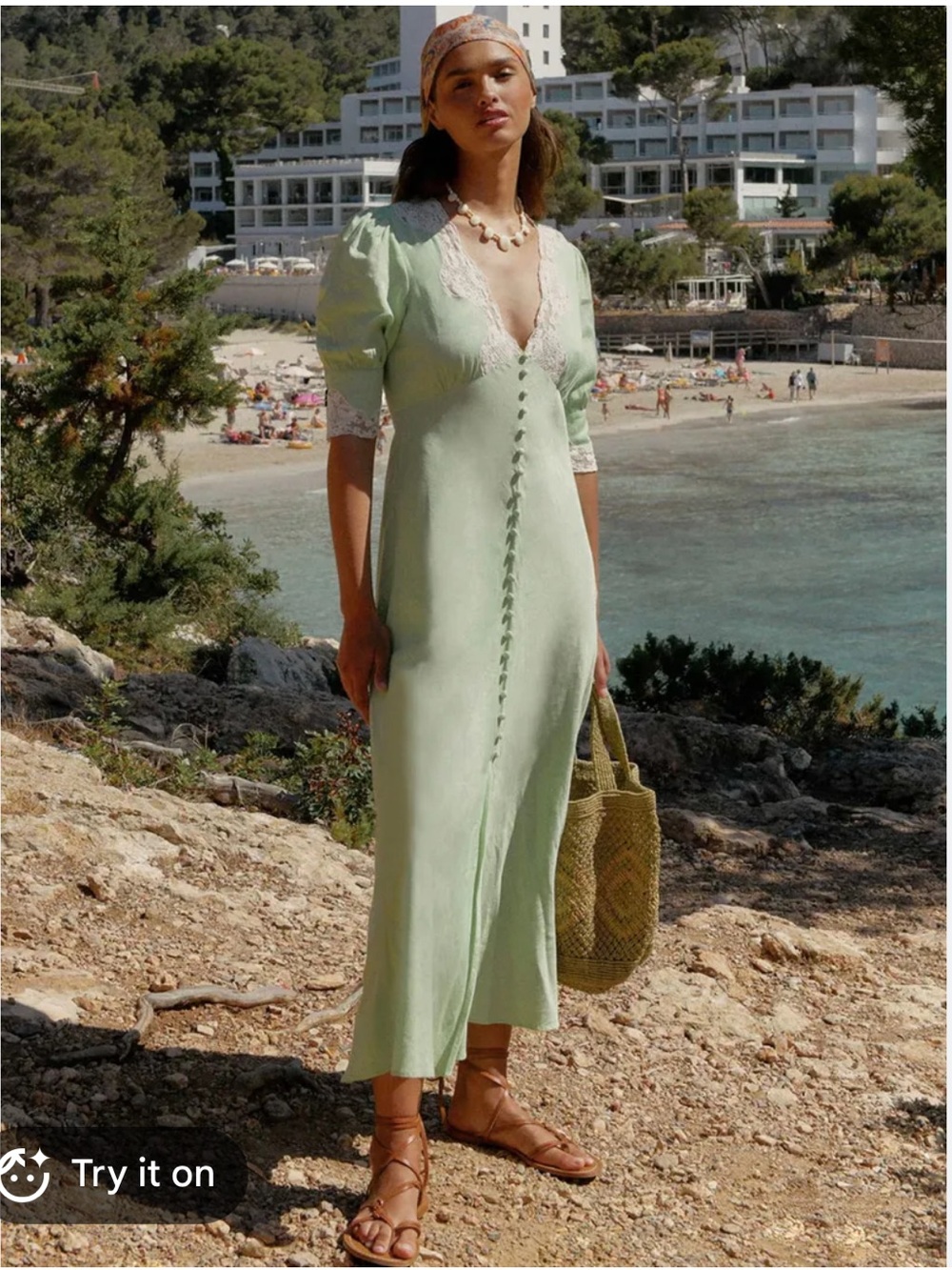 RIXO Simone Green Lace Trim Midi Dress Size S